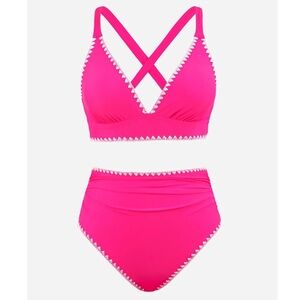 CUPSHE High Waisted Deep V Neck Crisscross Back Tie Stitching Ruched bikini M